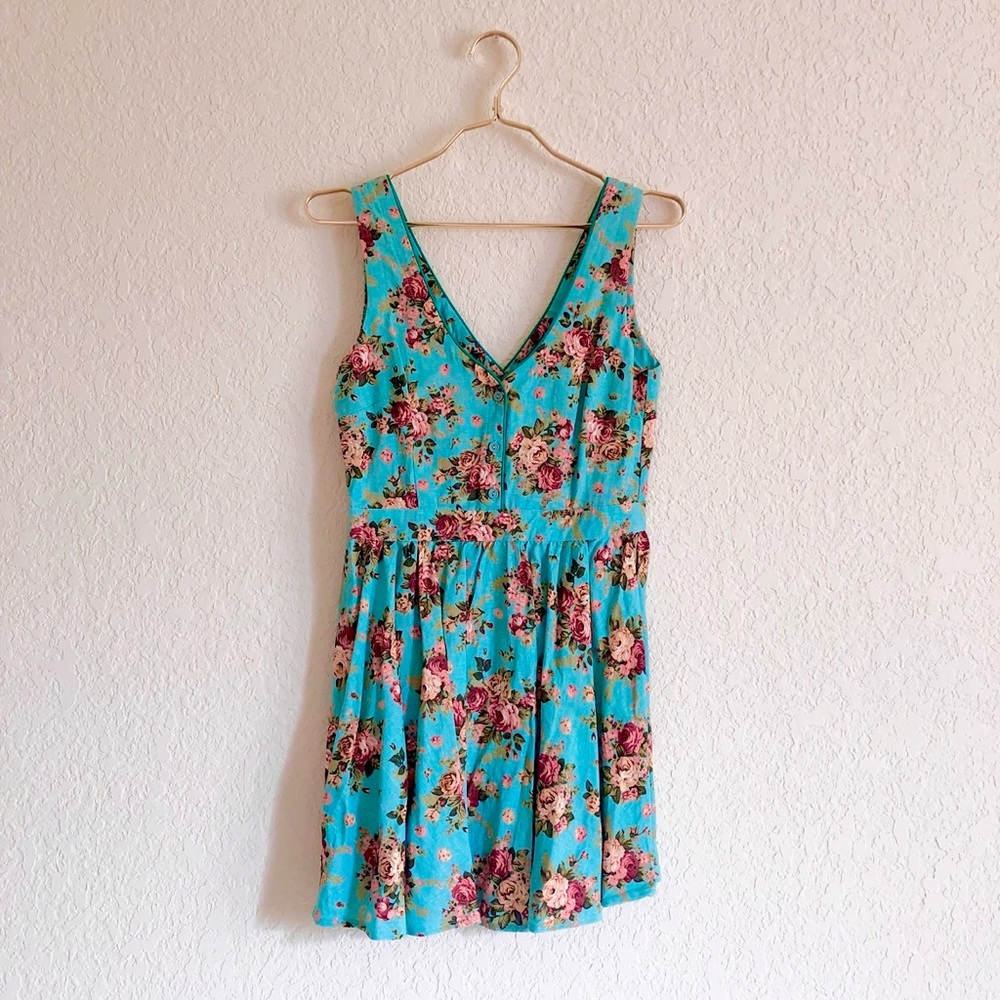 Lucca Couture Turquoise Rococo Floral Motif Fit & Flare Linen Dress 👗